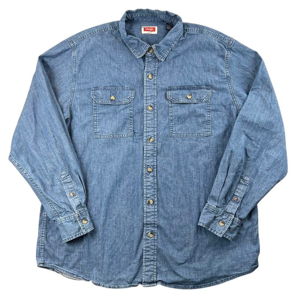 Wrangler Long Sleeve Chambray Work Shirt Blue Button Front Utility Shirt XL